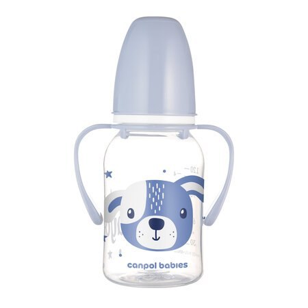 CANPOL 11/823 Butelka standardowa z uchwytami 120 ml CUTE ANIMALS niebieska CANPOL 11/823 Butelka standardowa z uchwytami 120 ml CUTE ANIMALS niebieska